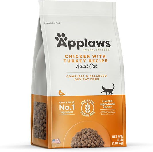 Applaws Complete Dry Cat Food, Grain-Free, Limited Ingredient Food with Added Vitamins & Minerals, Protein, Natural Cat Food, Supports Digestion, Chicken & Turkey (4 Pound Dry Cat Food)