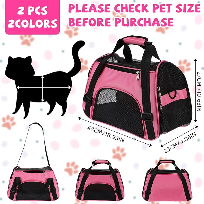2 Pcs Pet Carrier, Soft Sided Pet Travel Carrier for Cats, Airline Approved Kitty Portable Dog Bags for Traveling Little Dogs, Rabbits, Puppy, Cat(M,Pink, Purple)