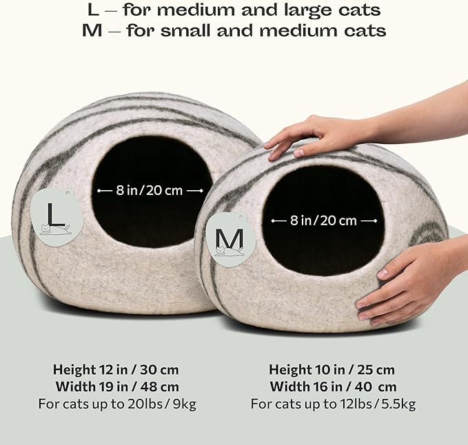 MEOWFIA Cat Cave – Premium Felt Cat Bed for Indoor Cats, Handmade 100% Merino Wool (Light Shades) (Medium, Light Grey)