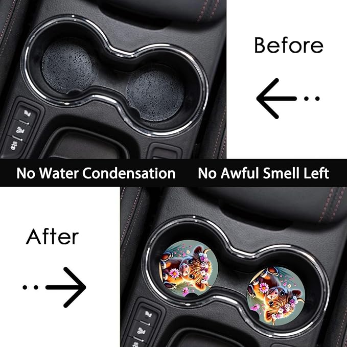 Car Coasters for Cup Holders,2 Pack Highland Cow Floral Car Coasters,2.75" Universal Size Anti Slip Rubber Mat,Automotive Cup Holder Gifts for Cow Lovers for Women,Men,Mom