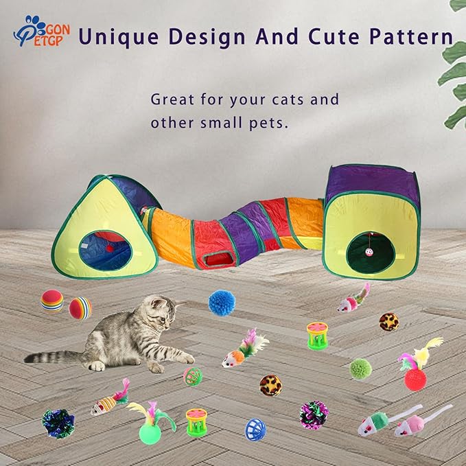 Cat Toys for Indoor Cats, Kitten Toys Set, Collapsible Pet Tunnel Cube Tent Toys, Interactive Cat Feather Teaser Wand Cat Bell Balls Fuzzy Ball Springs Mouse Toys for Cat Kitty (Rainbow)