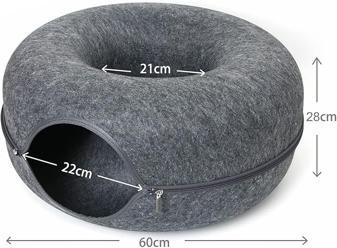 Lucky Sign - Cat bed, felt doughnut cat bed, cat tunnel bed, removable tunnel toy, can be used for cat beds or cat toys, 60 x 60 x 28 cm, dark grey