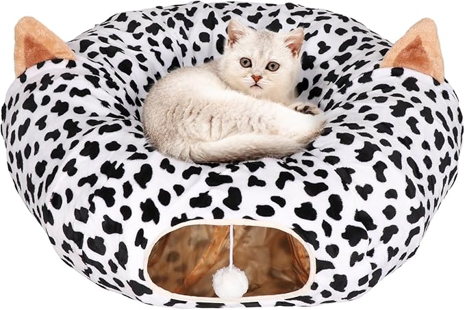 Cat Tunnel Bed for Indoor Cats - Extra Large Round Cat Tube Donut Circle Tunnels with Plush Ball Toy Circular Collapsible Fluffy Cave Cover for Kittens Kitty and Dog