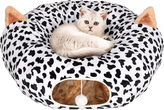 Cat Tunnel Bed for Indoor Cats - Extra Large Round Cat Tube Donut Circle Tunnels with Plush Ball Toy Circular Collapsible Fluffy Cave Cover for Kittens Kitty and Dog