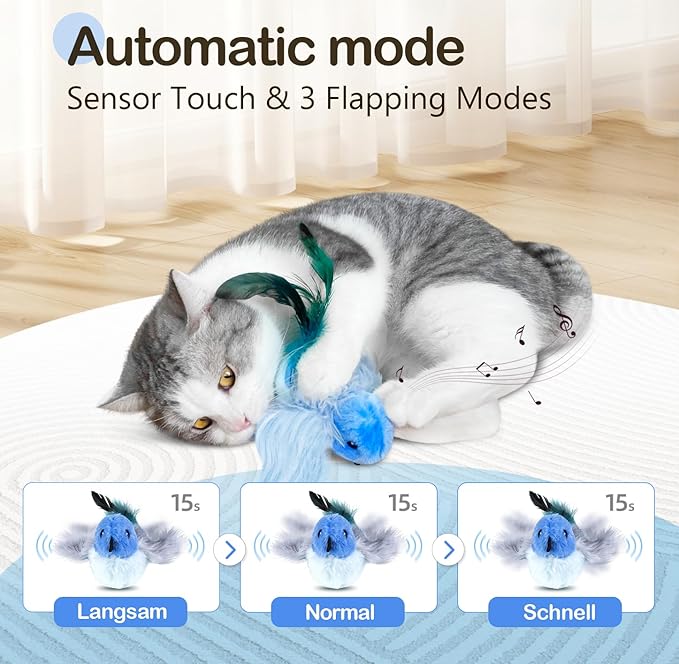 Migipaws Cat Toys,Interactive Lifelike Robin Flying Flapping Bird with Catnip, Feathers Hanging by Elastic String, Automatic Chirping Kitten Toys for Indoor Cats Self Play, Rechargeable(Blue)