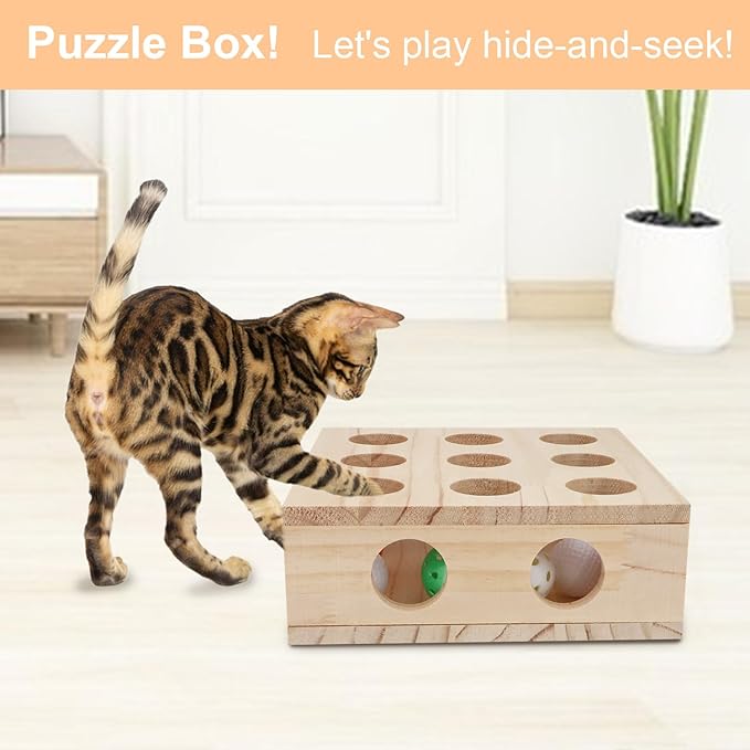 Hypeety Interactive Cat Toy Puzzle Box Wooden Treat Maze Scratcher Peek Play Toy Box Fun Interactive Cat Toy Fun Hide and Seek Cat Agility Toys