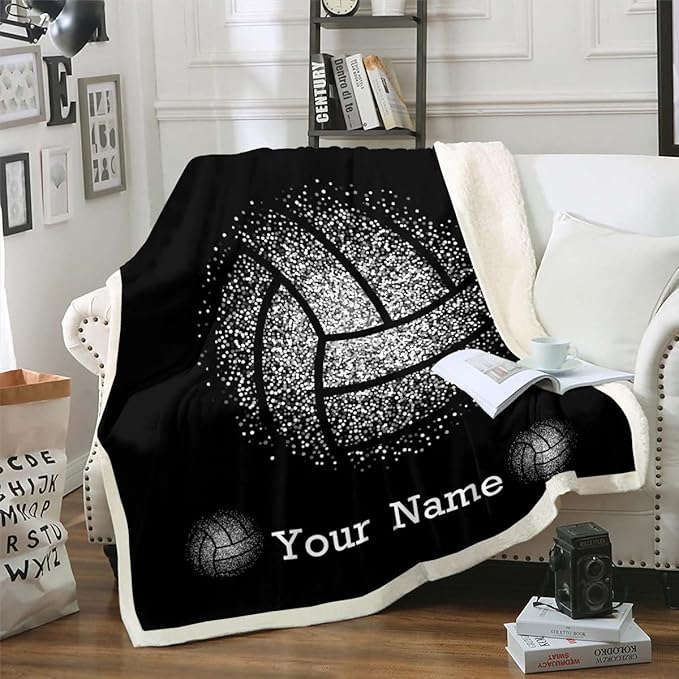 Erosebridal Custom Fleece Personalized Volleyball Sherpa Blanket for Kids Teens - 40x50 Size Rustic Retro Style Throw for Sofa - Sport Ball Printed Flannel, Black White