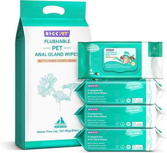 HICC PET Wipes for Dogs & Cats, Cleansing Deodorizing & Soothing Allergy Infections Anal Gland Pets Wipes with Coconut Oil - Dog Grooming Wipes for Butt and Paw - Hypoallergenic & Vet Recommended