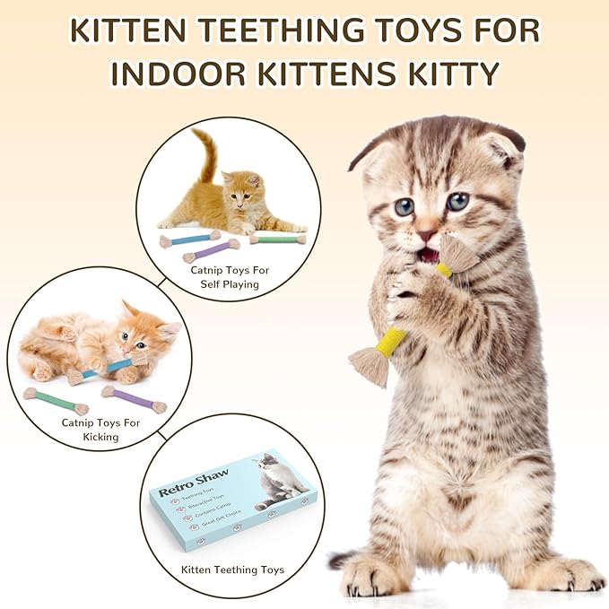 Retro Shaw Kitten Toys Catnip Rope,Cat Toys Chew Ropes 6 Pack,Kitten Teething Toys for Indoor Kittens Kitty,Interactive Cat Kicker Toys Small Cat Nip Toy Safe String 6.1 Inches