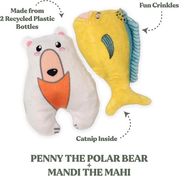 Stuffed Animal Cat Toy | Mahi and Polar Bear Mixed Bundle | Value 2-Pack for Indoor Cats | Cute Interactive Plush Toys | Made of Eco-Friendly Materials - Go Green!