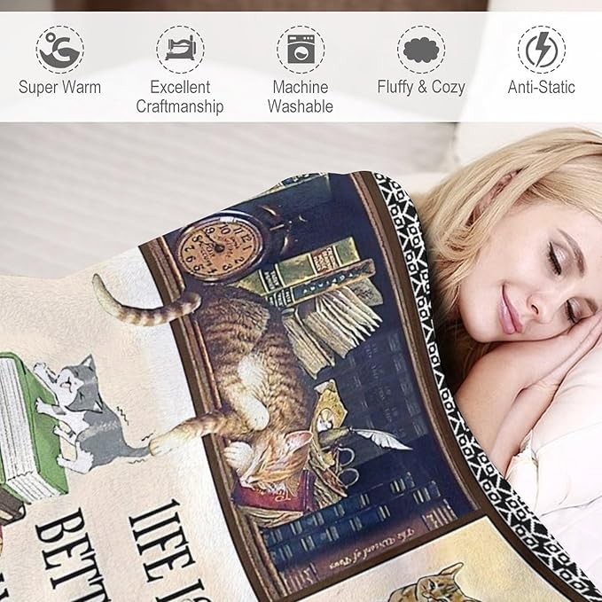 Read Blanket Cat Gifts for Reader Girls Boys Woman Kids Cat Lover Reading Book Throw Blankets Soft Blanket Warm Fleece Flannel Plush Blankets for Bed Sofa Couch 60"x80"