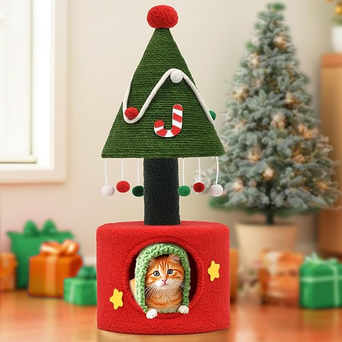 YITAHOME Cat Christmas Tree with Cat Scratching Post, 32 in Cute Cat Tree with Interactive Dangling Ball, Cat Tower for Indoor Cats with Small Cat Condos