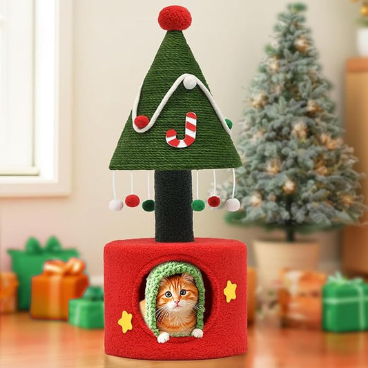 YITAHOME Cat Christmas Tree with Cat Scratching Post, 32 in Cute Cat Tree with Interactive Dangling Ball, Cat Tower for Indoor Cats with Small Cat Condos