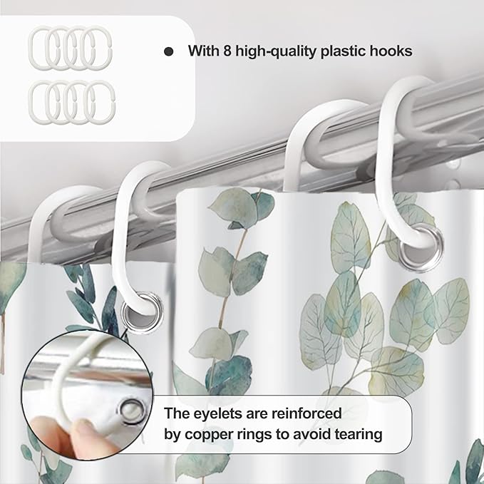 AWERT Shower Curtain Green Plants for Bathroom Waterproof Quick-Drying Eucalyptus Leaves Shower Curtain Set with Hooks 48x72 Inch