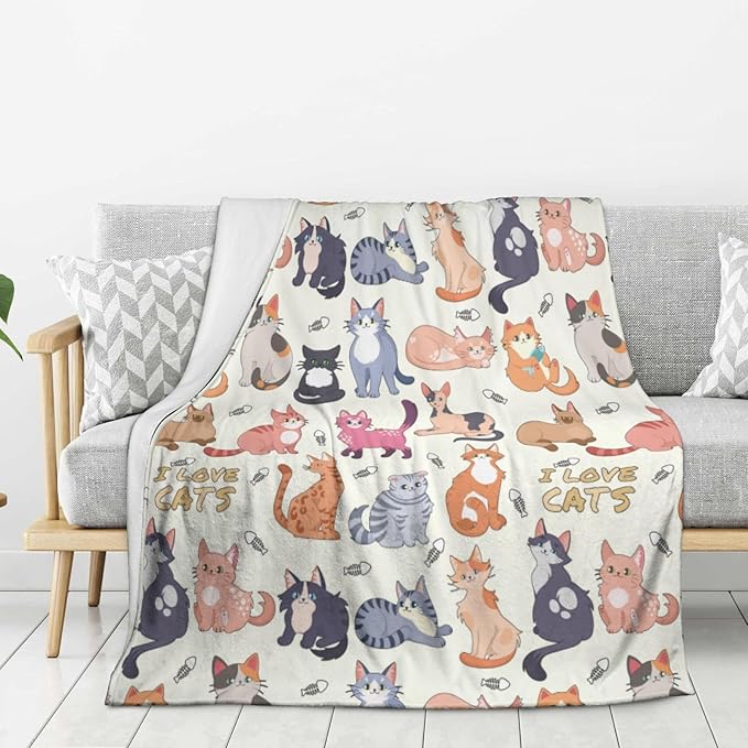 Kids Cat Print Blanket Throw 50"x40", Plush Flannel Blankets with Cats On It, Soft Warm Decorative for Kids Women Cat Lovers