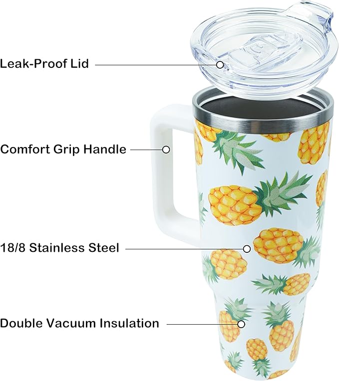 40 oz Tumbler with Handle and Straw, Stainless Steel Insulated Cup with Leak Proof Lid and Straw Lid, Keep Drinks Cold and Hot for Hours(Pineapple)