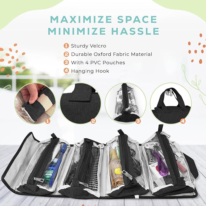 4-in-1 Hanging Toiletry bag - Roll-Up Makeup Bag - 4 Detachable PVC Zip Pouches – 600D Oxford Fabric, Versatile Travel Toiletry Organizer Bag - Makeup, Cosmetics, First Aid, Medicine Personal Care,…