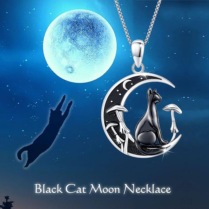 AUDINCCED Black Cat Necklace Turtle Necklace Gothic Jewelry Butterfly Necklace Cat Necklace 925 Sterling Silver Crescent Moon Necklace for Women Cat Gifts for Cat Lovers
