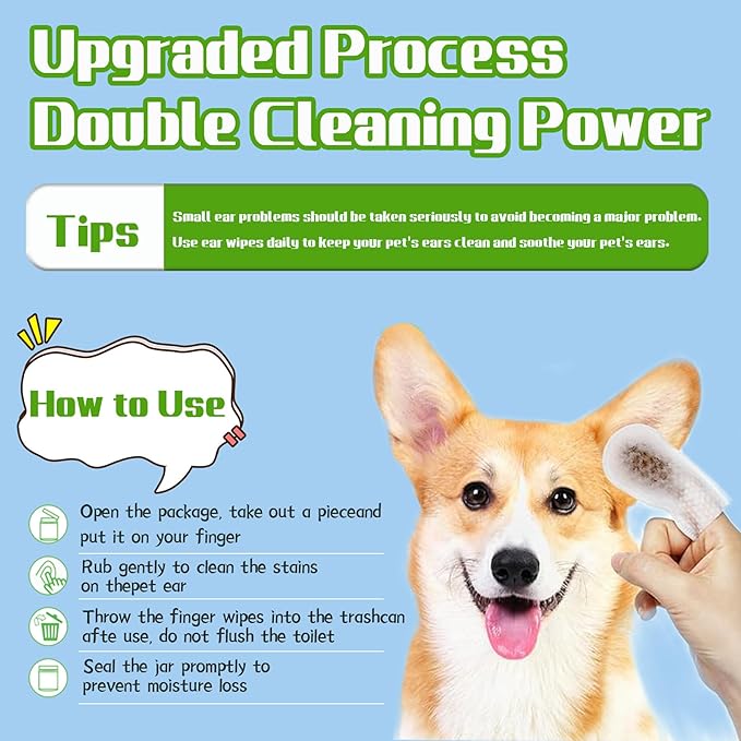 55 Count PET Ear Cleaning Finger Wipes for Dogs & Cats,Ear Cleaner Finger Wipes,Removes Dirt & Odor,Easy to Use, Natural Ingredients (Ear Cleaning Wipes)