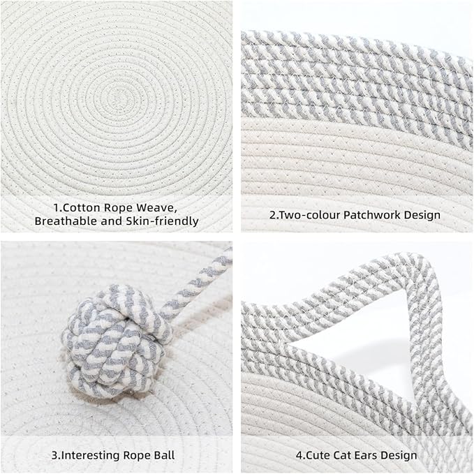 Cat Bed Basket, Hand Woven Cat Bed with Toy Tail, Cotton Rope Cat Bed, Cat Foldable Sleeping Basket, Kitten Shaped House for Cats, Puppies, Rabbits and Small Pets (Medium, Gray & White)