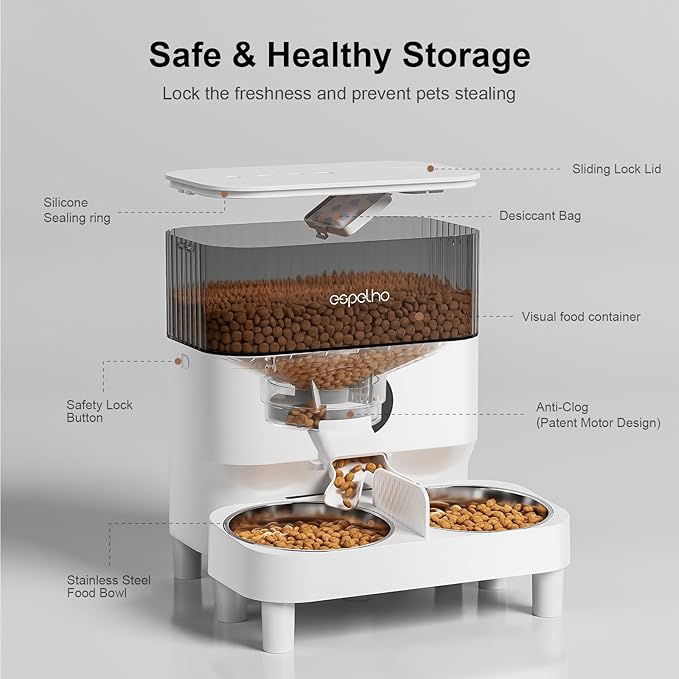 Elevated Automatic Cat Feeders for 2 Cats - 5L Timed Cat Food Dispenser with Raiser Kit & 2 Stainless Steel Bowls, 10s Meal Call Programmable Portion Control Pet Feeder for Cats & Dogs