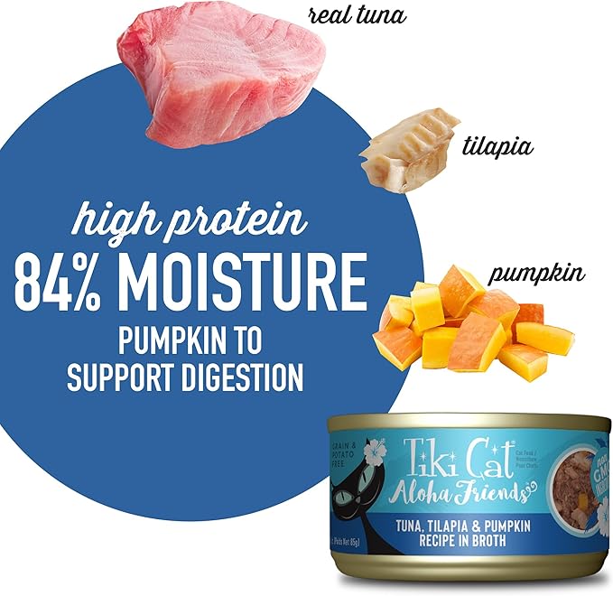 Tiki Cat Aloha Friends, Tuna, Tilapia & Pumpkin, Grain-Free & High Moisture, Wet Cat Food for All Life Stages 3 oz. Cans (Pack of 12)