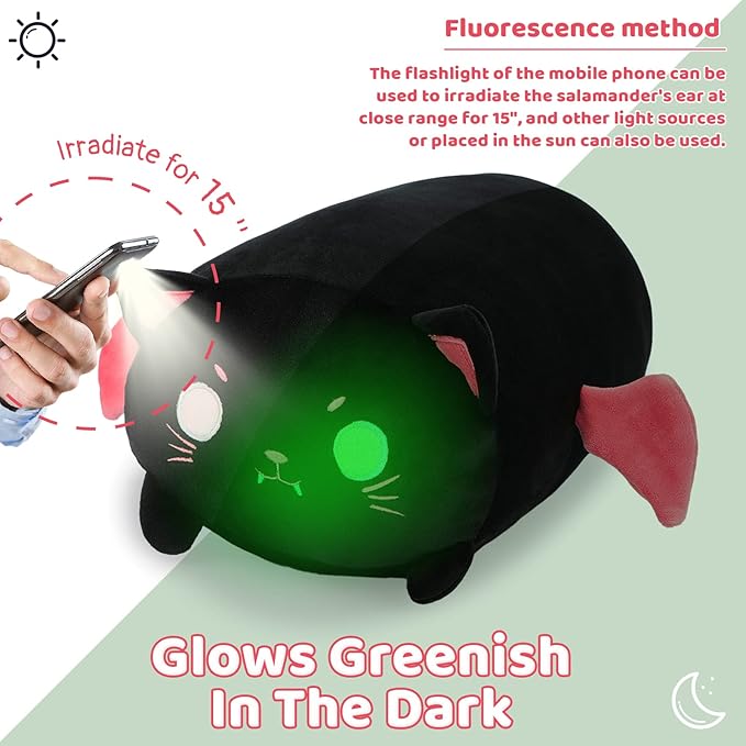 AIXINI Cute Black Cat Plush Pillow 15.7 Black Kitten Stuffed Animal with Luminous Eyes, Fat Soft Kawaii Plushies Hugging Plush Squishy Pillow Toy Gifts for Kids Bedding Sleeping