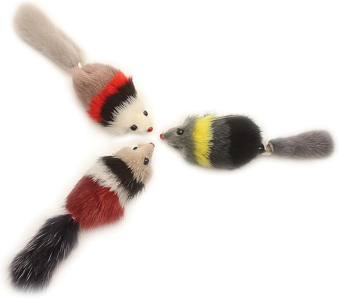 Fosrion Real Mink Fur Cat Hunt Bites Toy with Three Section Retractable Carbon Fiber Rod(3 Mink Fur Mouse, Only Tail)