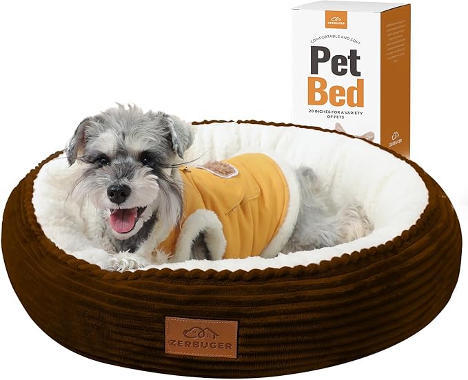 Dog Bed for Small Dogs, Washable Dog Bed, Round Donut Pet Bed for Puppy and Kitty, Extra Soft Calming Dog Beds with Anti-Slip Bottom, 23 Inches, Brown