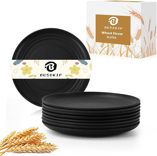 6 Inch Dessert Plates Set of 8, Unbreakable Wheat Straw Appetizer Plates, Reusable Plastic, Microwave & Dishwasher Safe, Mini for Kitchen (Black)