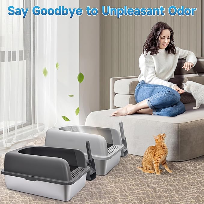 2 Pack Stainless Steel Cat Litter Box with Lid, XL Extra Large Metal Kitty Litter Box for Big Cats, 24" L x 16" W x 12" H, Enclosed Litter Box High Sided, Non-Sticky, Include Litter Scoop