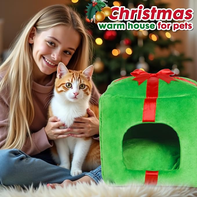 ShellKingdom Christmas Cat House, Cat Cave, Cute Shape Cat Beds for Indoor Cats, Xmas Gift Box Cat Cube with Bed Cushion for Small Pet, 13.77 X 13.77 INCHES (Gift Box Shape)