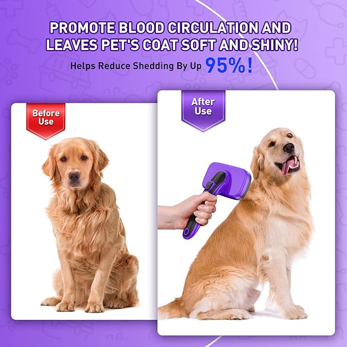 Dog Brush for Shedding, Self-Cleaning Slicker Brush, Perfect for Short & Long Haired Pets, Removes Mats, Tangles, Loose Fur, Gentle on Skin, Ideal for Small, Medium, Large Dogs. Purple