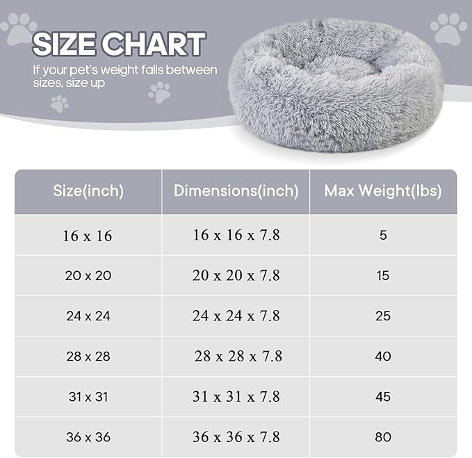 Calming Round Cute Cat & Dog Bed, Anti-Slip Washable Cozy Soft Round Pet Bed, Fluffy Faux Fur Plush Dog Cuddler Bed Fits up to 25 lbs Dogs and Cats(Donut Light Grey, 24inch x 24inch)