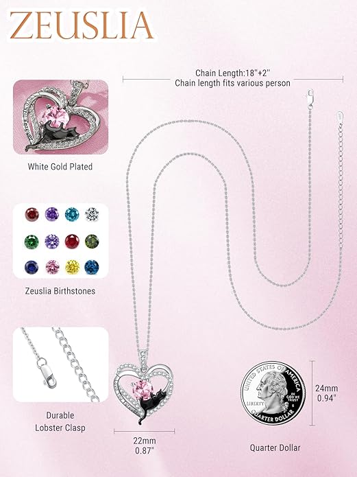 Birthstone Cat Necklaces,925 Sterling Silver Cat Necklace Heart Pendant for Women,Dainty Animal Jewelry for Her,Wedding Anniversary Birthday Gifts for Women Mom Grandma