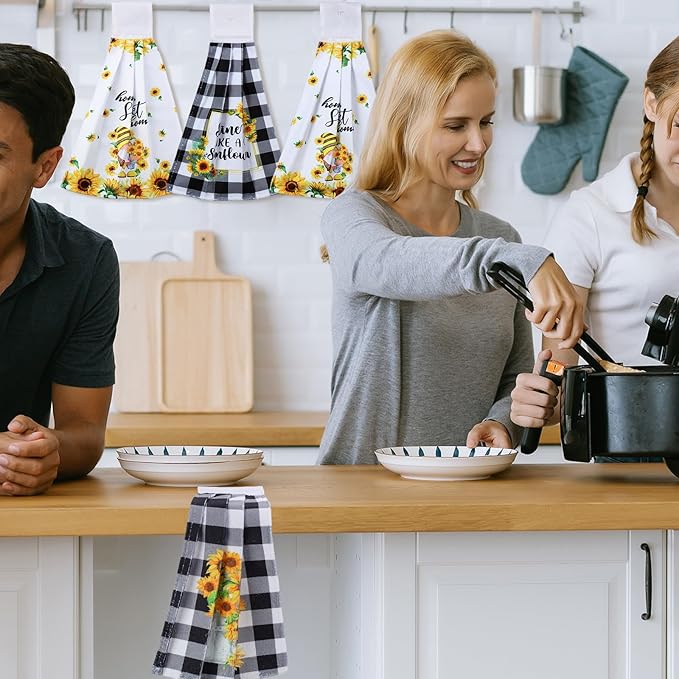 Sratte 4 Pcs Sunflower Hanging Kitchen Towels Hand Towels with Hanging Loop Summer Buffalo Plaid Gnomes Sunshine Dish Towels Bath Absorbent Oven Stove Wash Cloth for Home Decorative Housewarming Gift