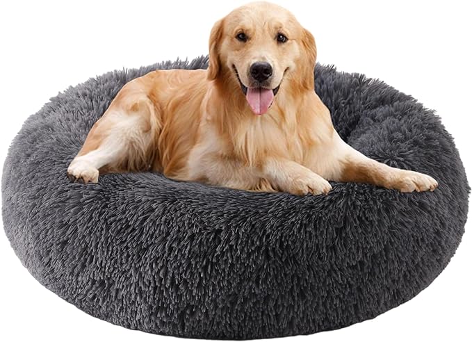 Calming Dog Bed, Dog Beds Fits up to 45 lbs Pets, Fluffy Donut Dog & Cat Bed Washable, Round Anti Anxiety Dog Bed, Small Dog Bed with Non-Slip Bottom (Dark Grey, 31" x 31")