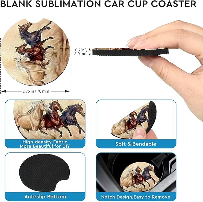 Car Coasters for Cup Holders,2 Pack Horse Car Coasters,2.75" Universal Size Anti Slip Rubber Mat,Automotive Cup Holder Decal Decor Accessories,Gifts for Horse Lovers for Women,Men,Mom