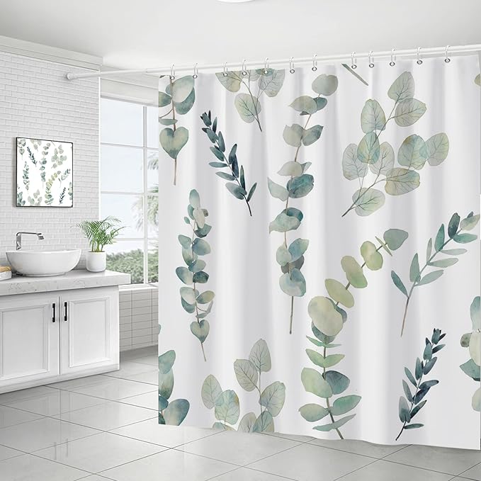 AWERT Shower Curtain Green Plants for Bathroom Waterproof Quick-Drying Eucalyptus Leaves Shower Curtain Set with Hooks 72x78 Inch