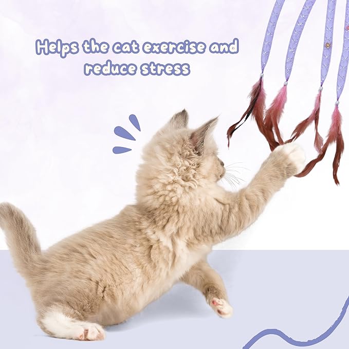 Interactive Cat Toys with 5 Feathered Ropes (2 PCS), Indoor Automatic Cat Toy for Cat, Promoting Exercise and Stress Reduction as Fun Cat Chase Toy.