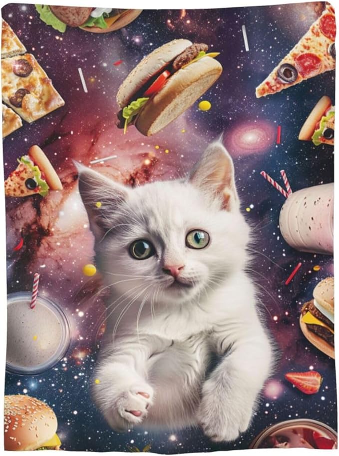 Funny Cats Blanket for Women Hamburgers Pizza Throw Blanket Cats Space Galaxy Stuff Decor Merch Cozy Flannel Lightweight Warm Soft Plush Fuzzy Bedding Cats Gifts for Men Girls Couch Bed 50"X40"