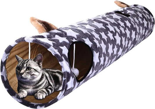 LUCKITTY Cat Tunnel -Straight-Shaped, Gray Star Pattern, Soft Velvet Exterior, Oxford Fabric Fog-Proof Interior, Plush Toy Ball, Easily Washable, Conveniently Foldable, 47.2in/120cm