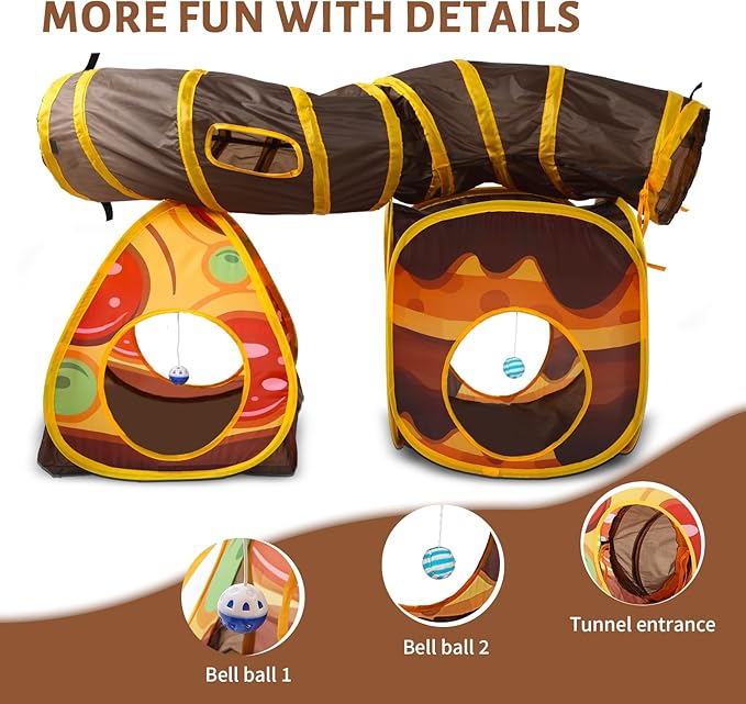 Cat Tunnel Toy and Cubes Combo Cat Tunnels for Indoor Cats Tube with Play Ball,Interactive Crinkle Collapsible Tent for Hiding Hunting and Resting, All in One Set of 3, Pizza