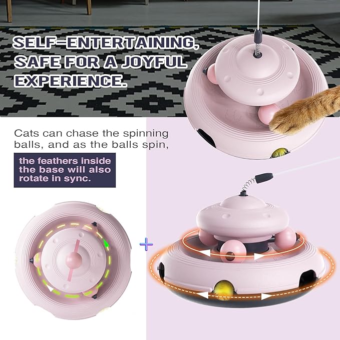 Zaabaaziba Interactive Cat Toys, Track Balls Kitten Toy for Indoor, High-Elasticity Cat Teaser Wand Cat Feather Toy, Perfect Toy for Multi-Cat Households for All Cat Breeds Pink