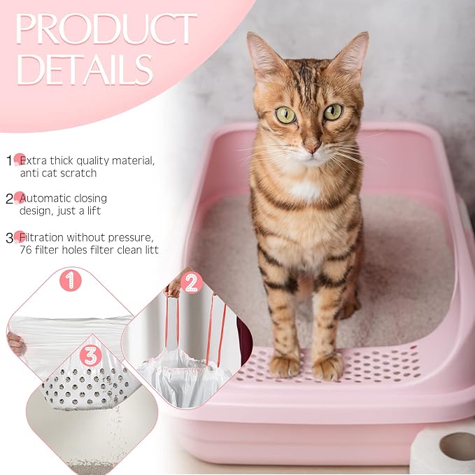 84 Count Sifting Cat Litter Box Liners with Holes Extra Large Cat Litter Bags Jumbo Thick Pan Liners with Drawstring, 36 x 18 Inch