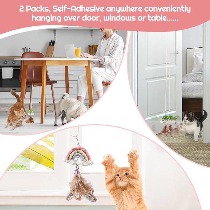 YUDANSI Cat Feather Toys 2pack,Retractable Cat Teaser Toys, Self-Adhesive Hanging Interactive Cat Toy for Indoor Cats Kitten Play Chase Exercise Doorway, Gift for Cats Hunting Chasing to Keep Busy