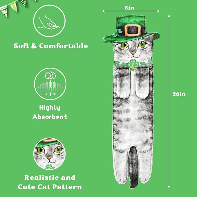 St Patrick's Day Cat Hand Towels for Kitchen Bathroom Decorations Gifts - Cute Shamrock Green Hanging Soft Absorbent Face Towel - Funny Birthday Housewarming Unique Gift for Women Mom Lady Cat Lovers