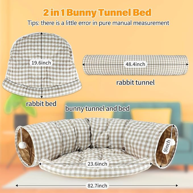BWOGUE Bunny Tunnel Bed, 2-in-1 Collapsible Tunnel Tubes Toys with Removable Mat Hideout for Cats Kittens Rabbits Guinea Pigs Kitty