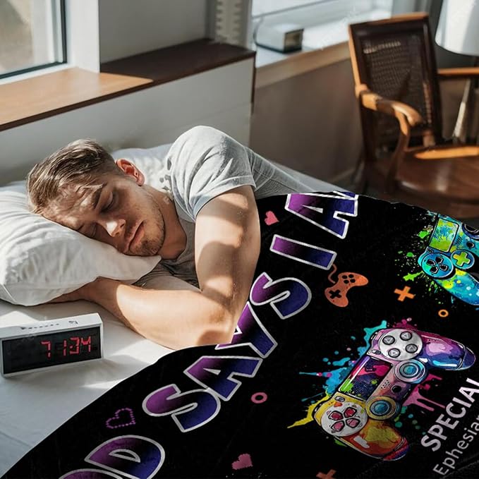 CIUGOIG Christian Gifts for Men Boys, God Says I Am Gamer Blanket 50"x60", Inspirational Religious Birthday Gifts for Game Lover Bible Verse Blanket, Gaming Gifts for Gamer, Christian Game Gifts