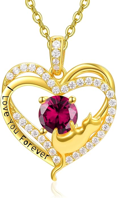 Birthstone Cat Necklaces,925 Sterling Silver Cat Necklace Heart Pendant for Women,Dainty Animal Jewelry for Her,Wedding Anniversary Birthday Gifts for Women Mom Grandma